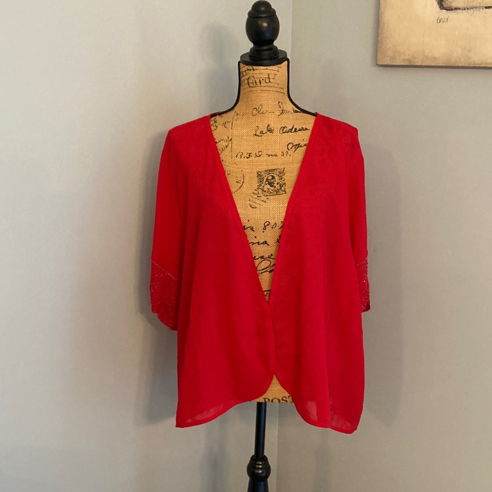 Roaman's Bold Red Open-Front Blouse Beaded Sleeve Women Size 34W